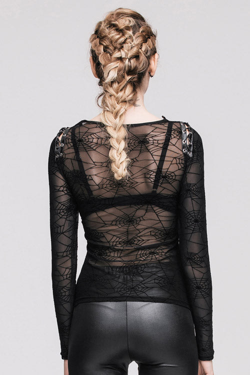 Black Sexy Transparent Spiderweb Back Mesh Long Sleeves Punk Women T-Shirt - Product - 7