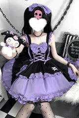 Black/Purple [Halloween Little Witch] Sleeveless Double-Layered Ruffle Bowknot Lace-Up Gothic Lolita Jsk Dress - Product - 4