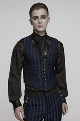 Black/Blue V Collar Sleeveless Striped Print Buckle Men's Punk Vest - Product - 2