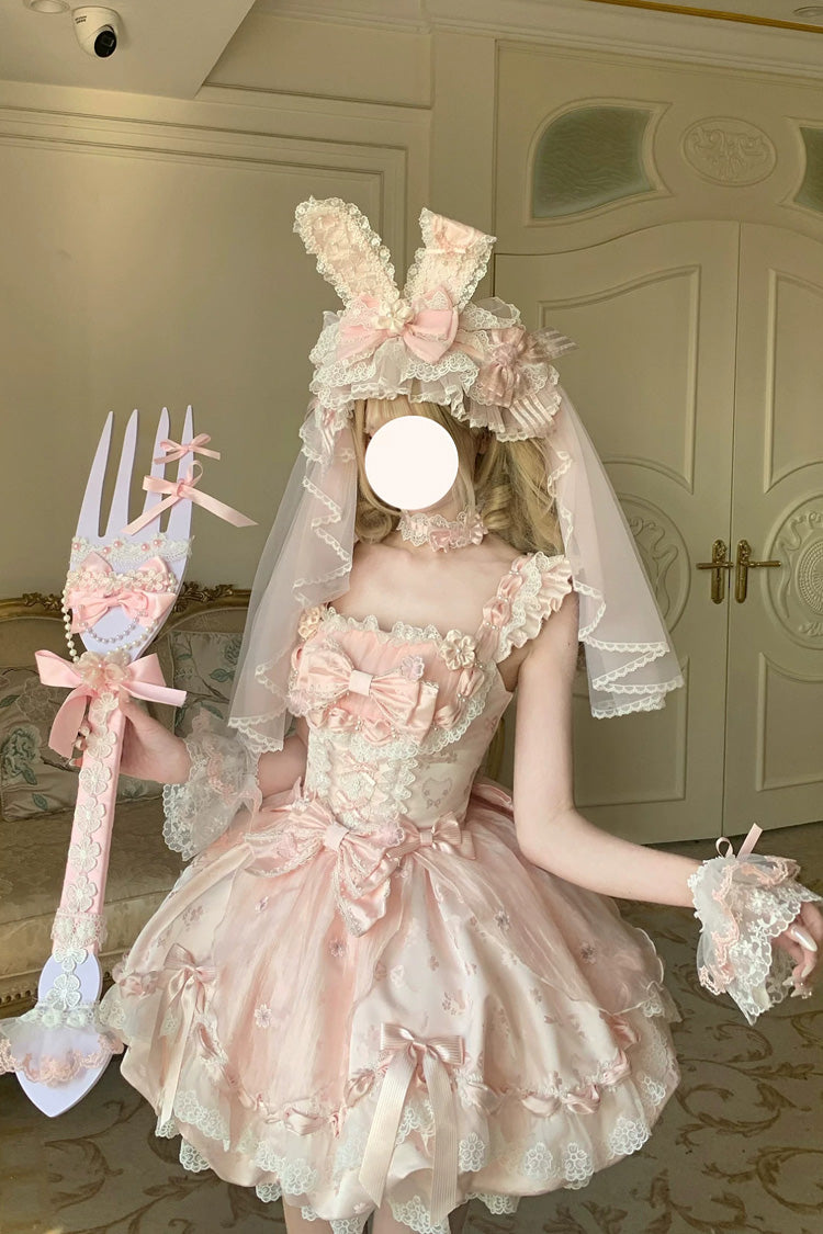 Pink [Sakura Bunny Ballad] Square Collar Flutter Sleeves Jacquard Ruffled Bow Lace Sweet Elegant Luxurious Short Lolita Jsk Dress - Product - 19