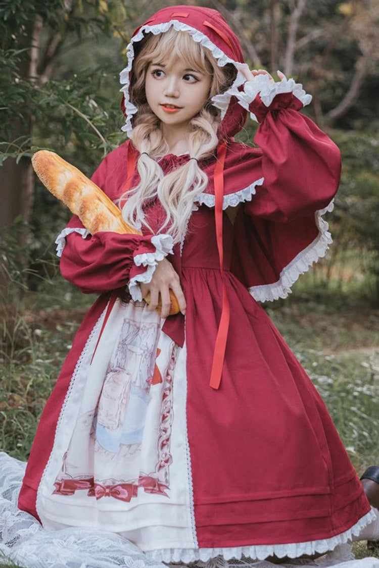 Red Little Red Riding Hood Sleeveless Print Ruffle Bowknot Sweet Princess (Dress Only) detail view 3