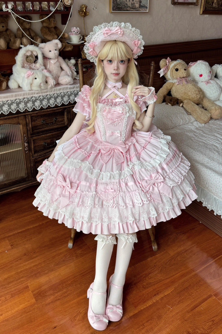 Pink [Super Cute Belia] Sleeveless Triple-Layered Ruffle Bowknot Lace Sweet Elegant Lolita Jsk Dress - Product - 2