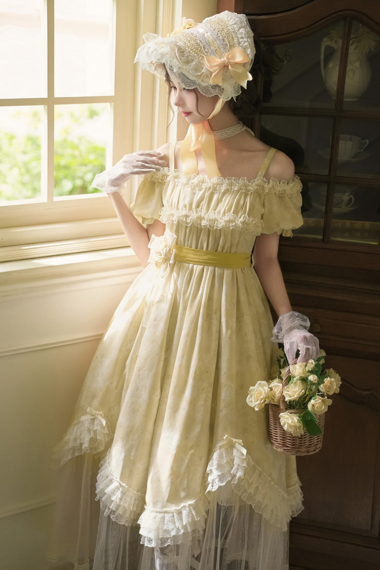 Yellow [Falling Flowers as a Message] Square Collar Short Sleeves Print Ruffle Lace Sweet Elegant Lolita Long Dress - Product - 7