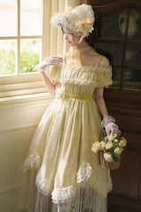 Yellow [Falling Flowers as a Message] Square Collar Short Sleeves Print Ruffle Lace Sweet Elegant Lolita Long Dress - Product - 7