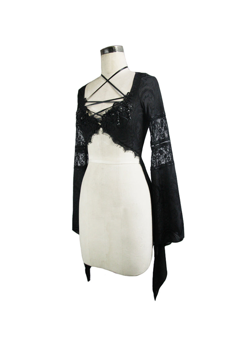 Black Perspective Mesh-yarn Long-sleeve Lace Front Short And Back Long Women's Gothic Blouse - Product - 6