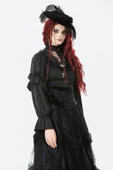 Black Sheer Stand Collar Ruffled Long Lantern Sleeves Women's Gothic Blouse - Product - 6