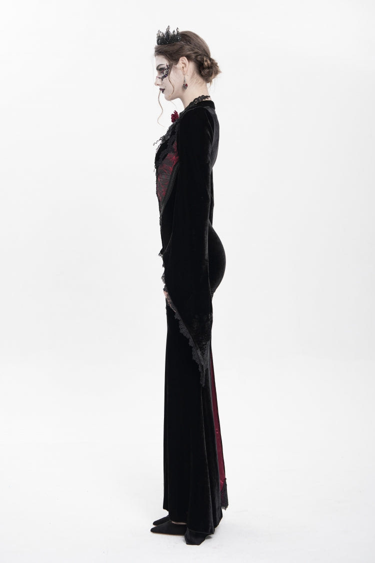 Black/Red V Collar Long Trumpet Sleeves Floral Embroidered Velvet Women's Gothic Dress - Product - 7