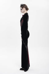 Black/Red V Collar Long Trumpet Sleeves Floral Embroidered Velvet Women's Gothic Dress - Product - 7