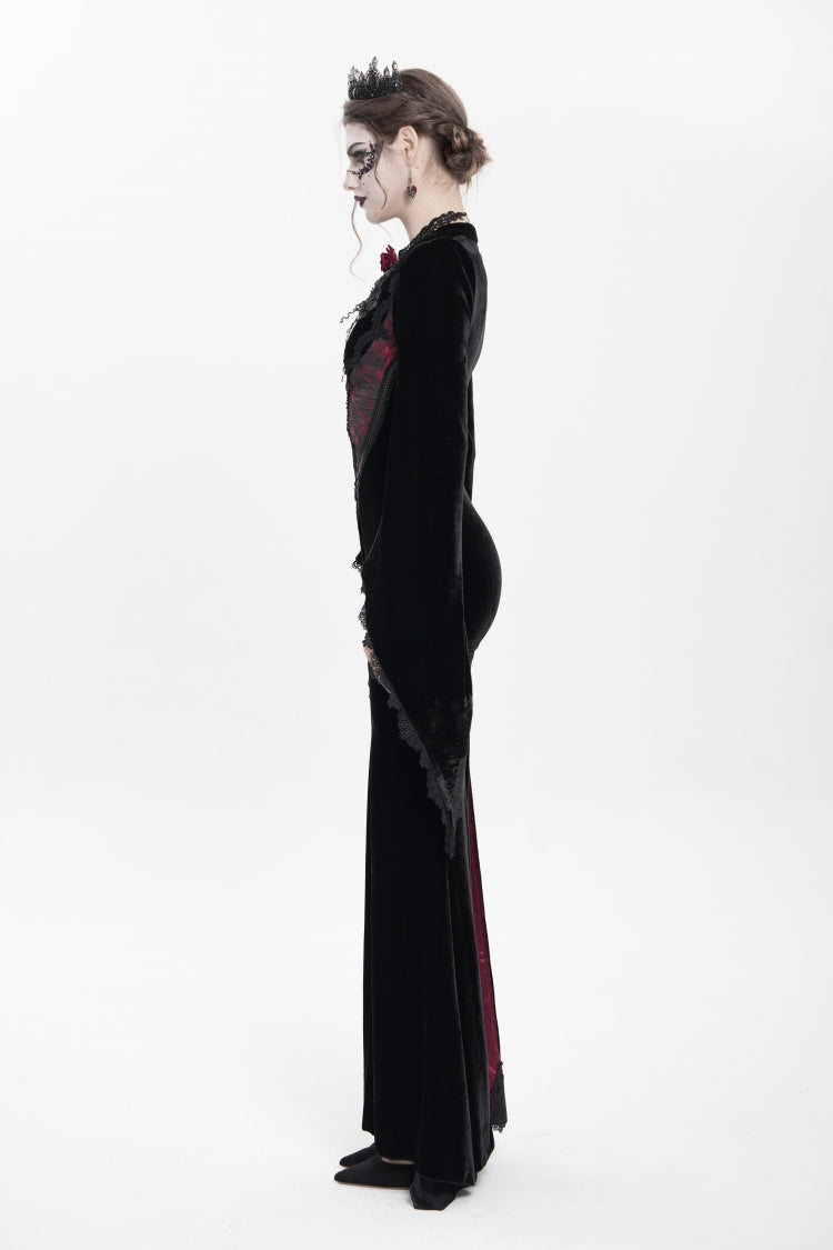 Black/Red V Collar Long Trumpet Sleeves Floral Embroidered Velvet Women's Gothic Dress - Product - 7