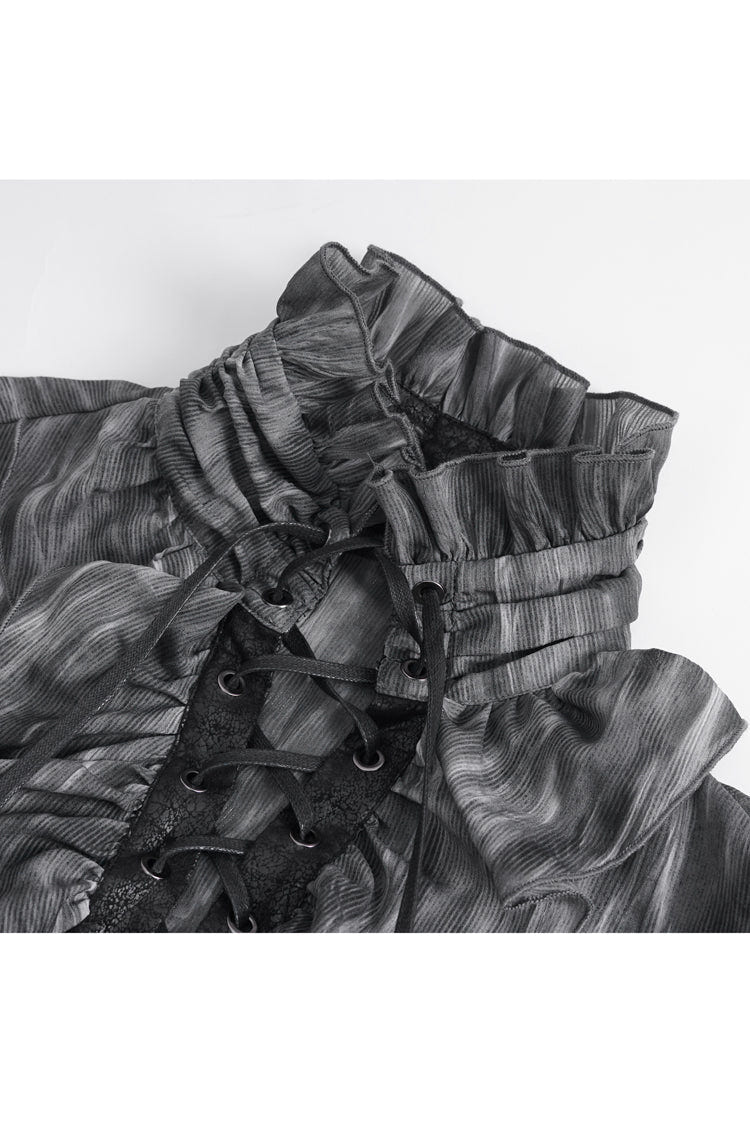 Black/Grey Ruffle Stand Collar Print Lace-Up Men's Gothic Blouse - Product - 8