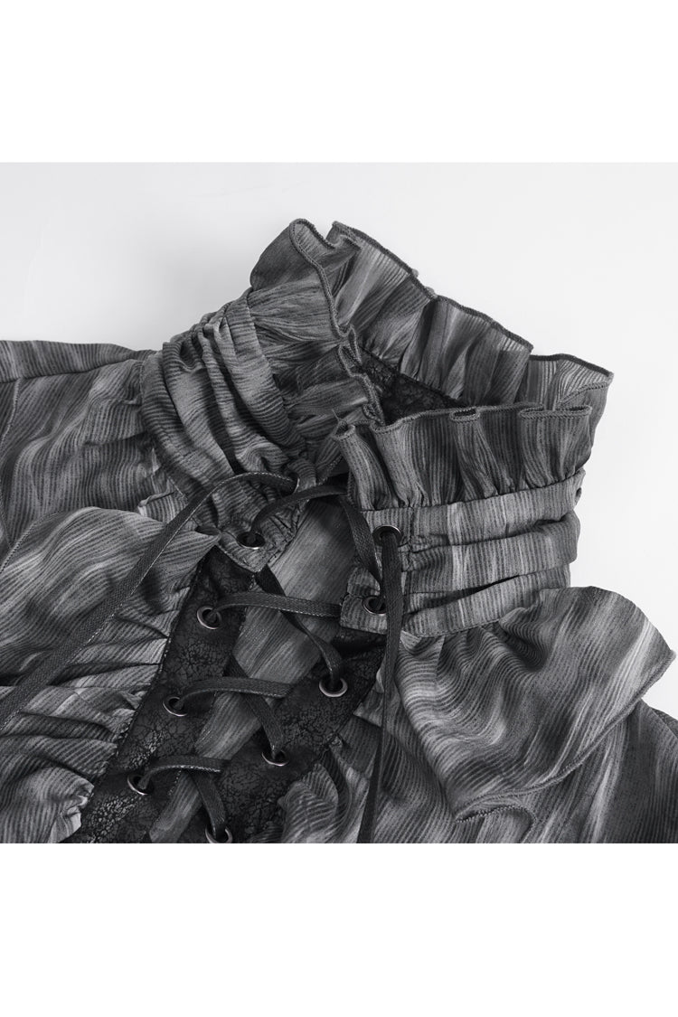 Black/Grey Ruffle Stand Collar Print Lace-Up Men's Gothic Blouse - Product - 8