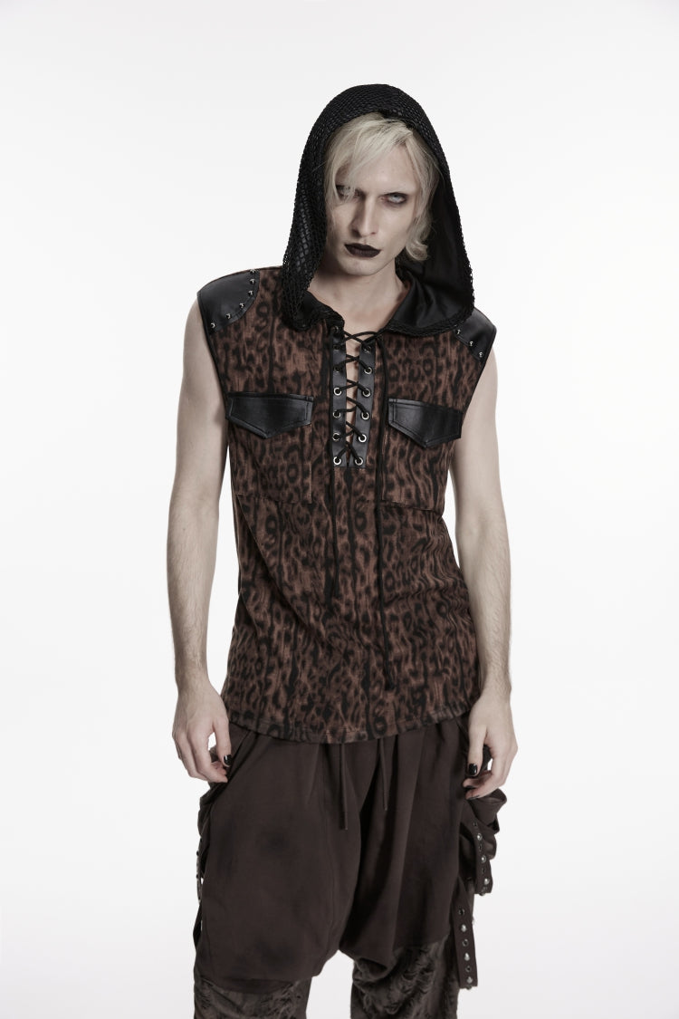 Black/Coffee  Sleeveless Spliced Lace-Up Hooded Mesh Pearl-Decorated Eyelet Men's Punk T-Shirt - Black/Coffee - 1