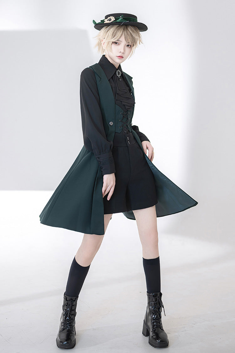 Green Lace-Up Slim Gothic Vintage Handsome Ouji Lolita Vest - Product - 10