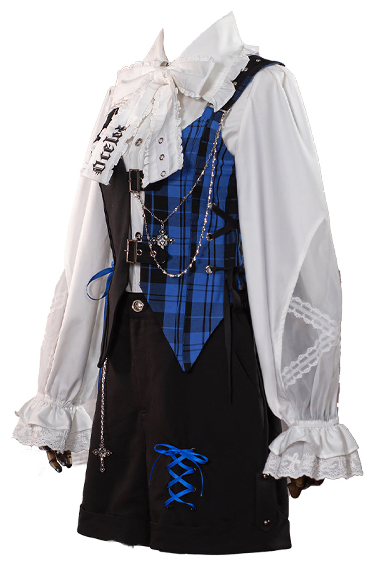 Subculture Plaid Print Ouji Fashion Prince Lolita Blouse Shorts Vest Set - Product - 3