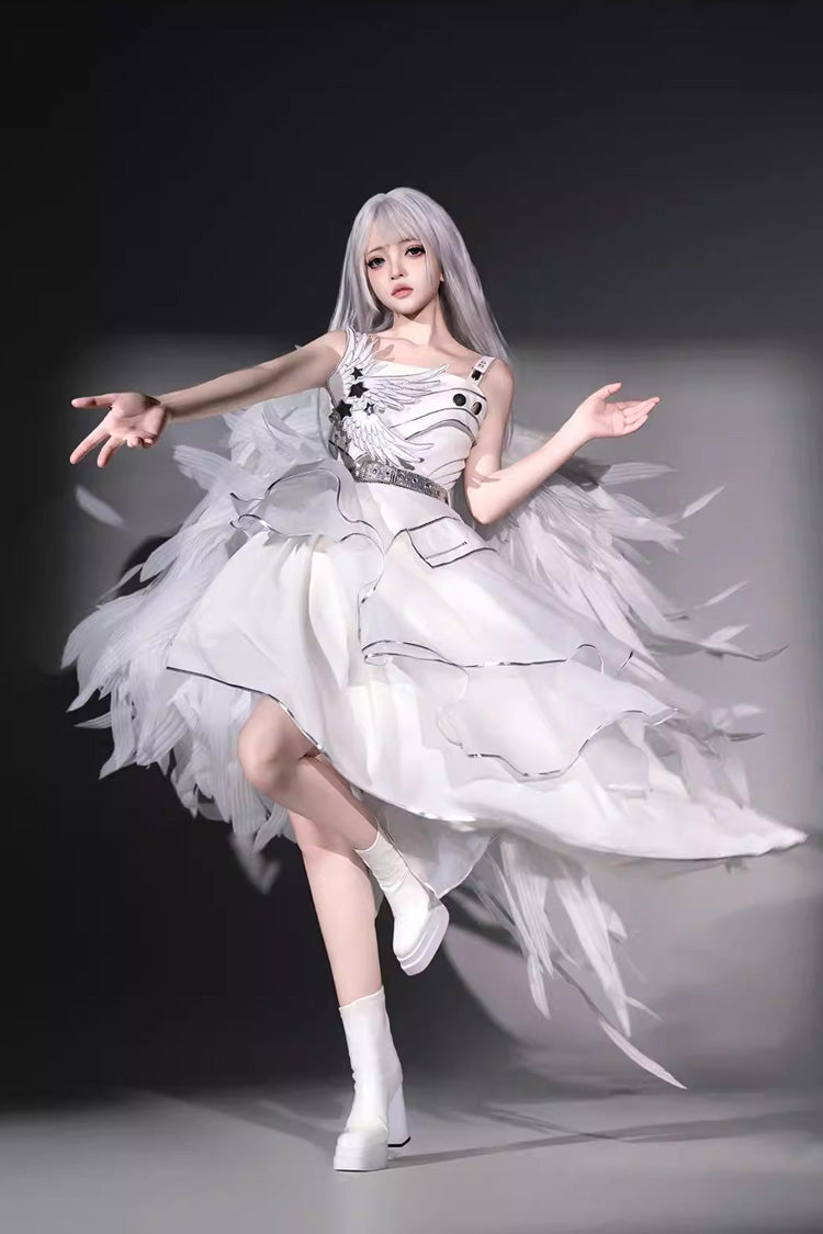 White [Silver Wings] Stand Collar Irregular Asymmetric Futuristic Style Punk Lolita Jsk Dress Set - Product - 3