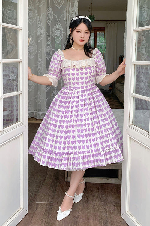 Purple Square Collar Heart Print Ruffled Short Sleeves Plus Size Sweet Lolita OP Dress - Product - 2