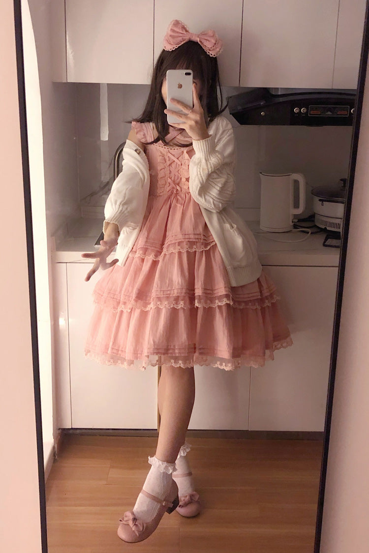 Pink First Love Triple-Layered Ruffle Bowknot Lace Sweet Lolita Jsk Dress - Product - 2