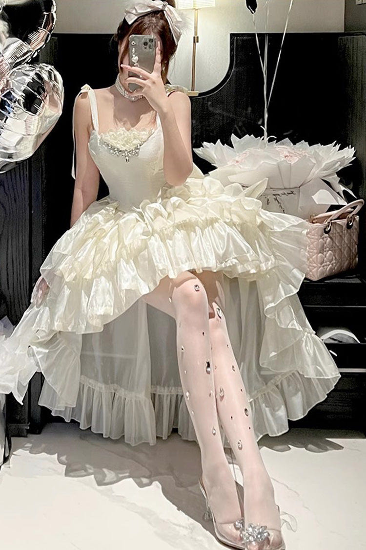 White Triple-Layered Ruffle Bowknot Lace Sweet Princess Lolita Jsk Dress - Product - 2