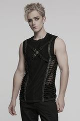 Black Round Collar Sleeveless Stitching Mesh Buckle Men's Punk Vest - Product - 2