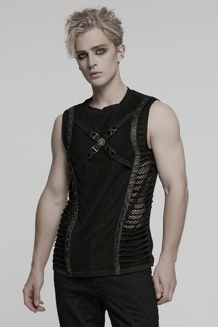 Black Round Collar Sleeveless Stitching Mesh Buckle Men's Punk Vest - Product - 2