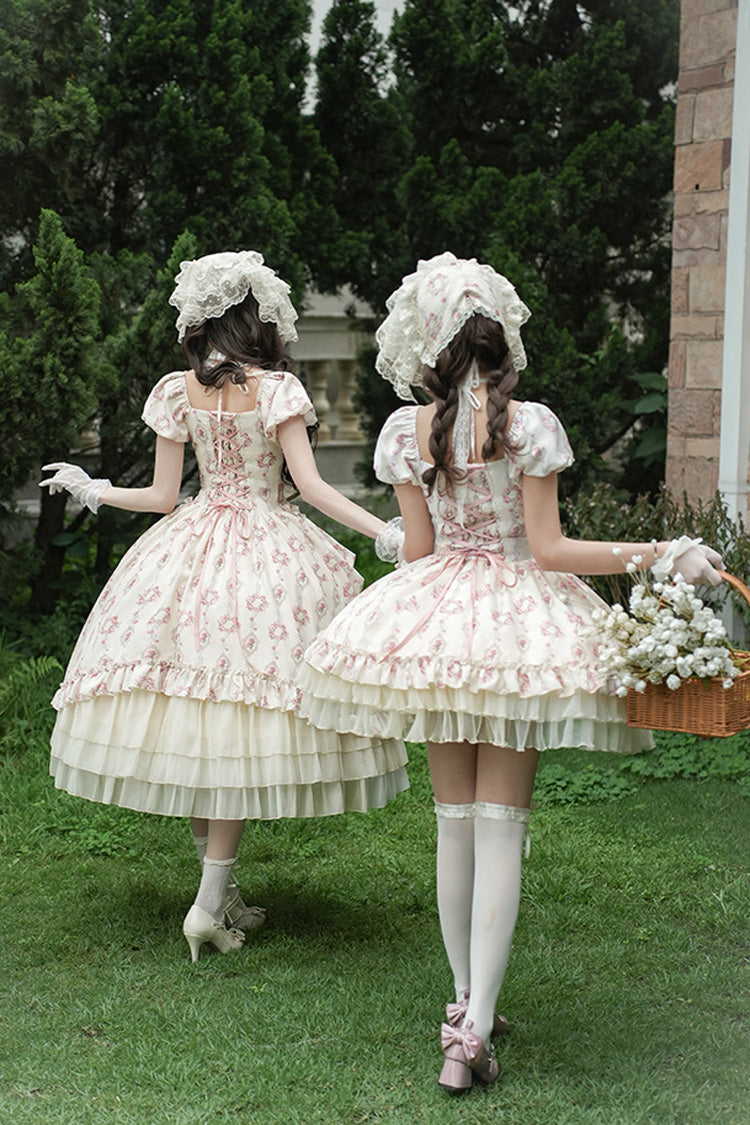 Ivory [Rose After The Rain] Short Sleeves Triple-Layered Print Ruffle Bowknot Lace-Up Sweet Lolita Short Dress - Product - 7