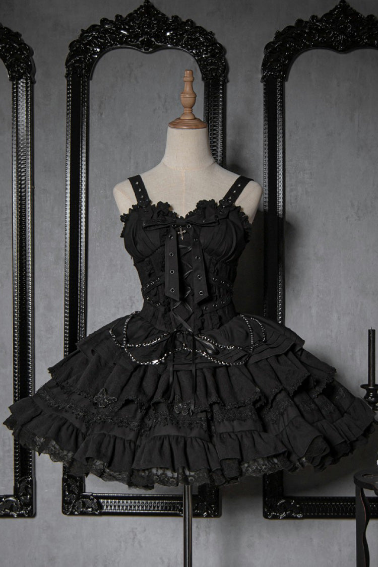 [Covenant Cross] Sleeveless Triple-Layered Ruffle Bowknot Lace-Up Gothic Lolita Jsk Dress 6 Colors - Product - 3