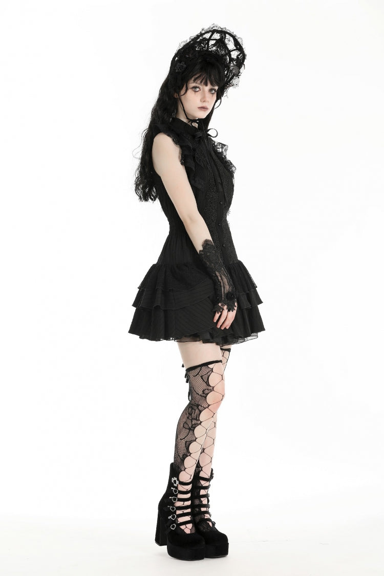 Black Lace Ruffled Stand Collar Bow Sleeveless Triple-Layered Hem Women's Gothic Dress - Product - 11