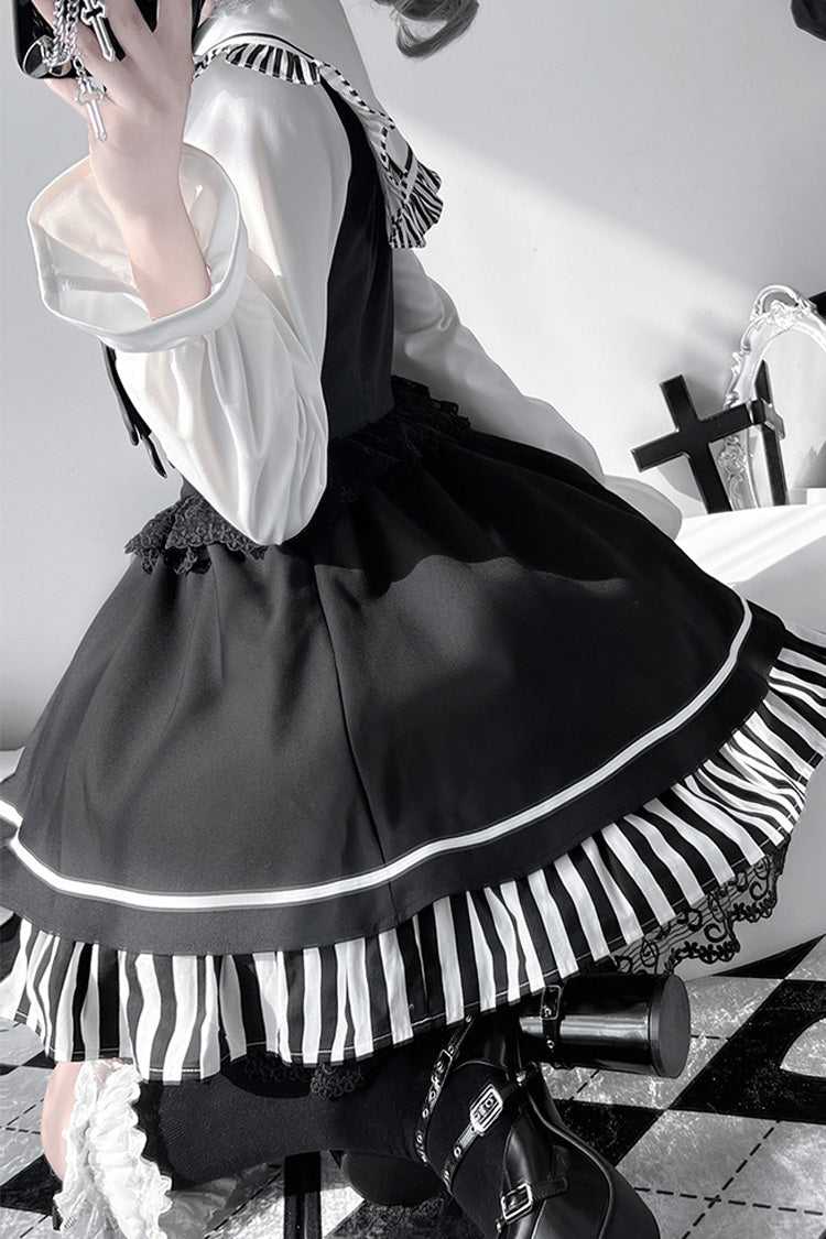 Black [Twilight Song] Stripe Print Bowknot Lace Jirai Kei Jumper Dress - Product - 7