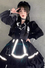Black Night Talking Reflective Strip Long Sleeves Ruffle Pleated Gothic Lolita Dress Set - Product - 4
