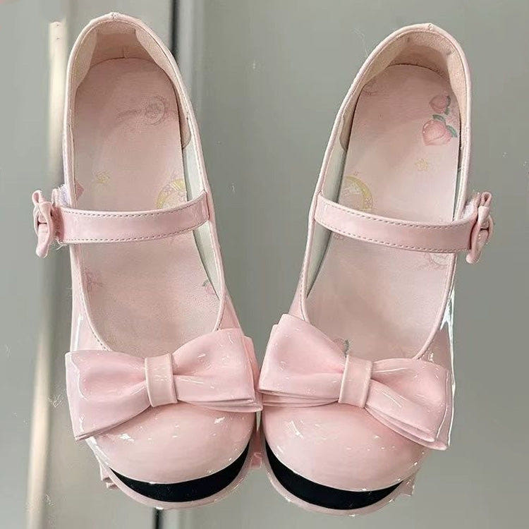 Round-Toe Bowknot Sweet Lolita Velcro Buckle Mary Jane Shoes 2 Heel Heights - Pink(3cm) - 1