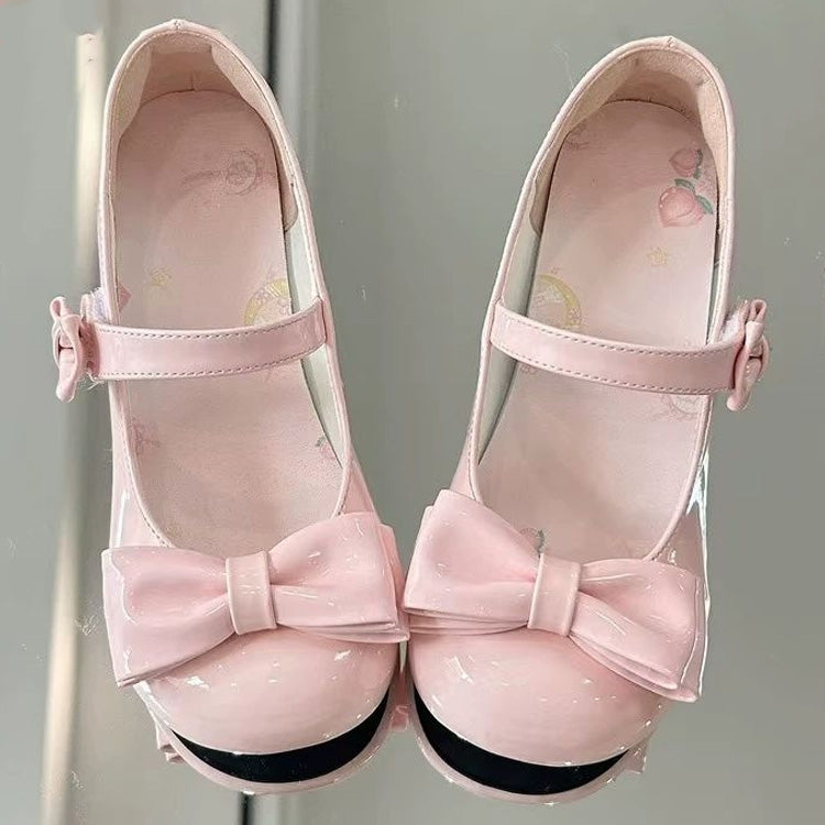 Round-Toe Bowknot Sweet Lolita Velcro Buckle Mary Jane Shoes 2 Heel Heights - Pink(3cm) - 1