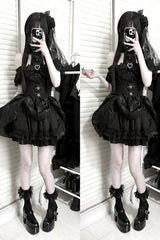 Black [Rose Dream] Halterneck Short Sleeves Print Ruffle Bowknot Lace Gothic Jirai Kei Dress - Product - 4