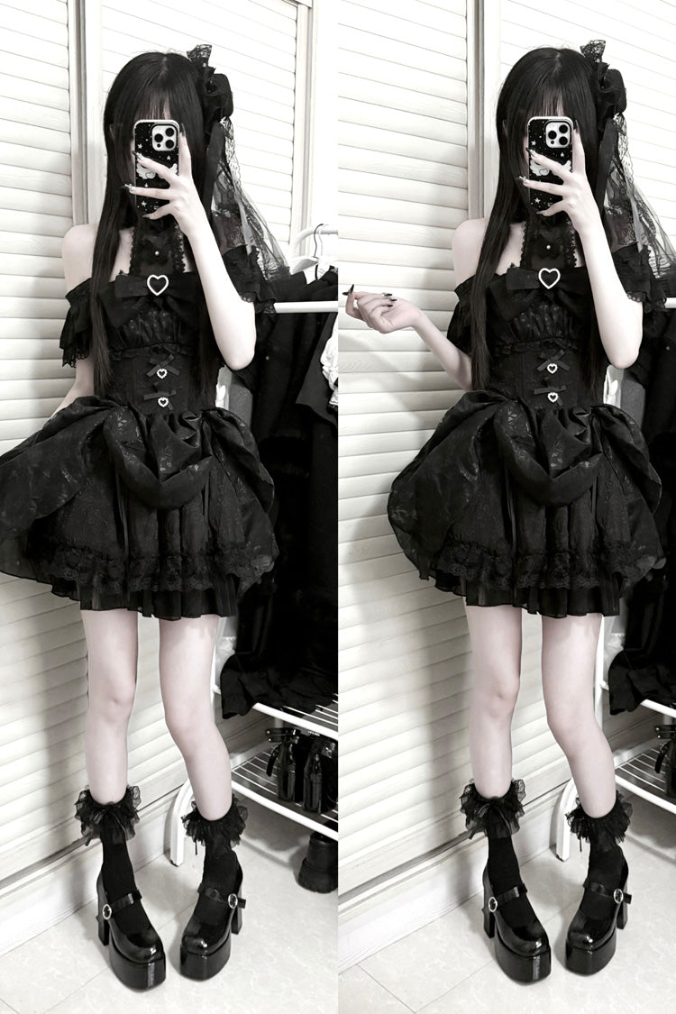 Black [Rose Dream] Halterneck Short Sleeves Print Ruffle Bowknot Lace Gothic Jirai Kei Dress - Product - 4