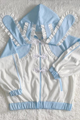 White/Blue Rabbit Ears Long Sleeves Ruffle Hooded Jirai Kei Japanese Coat - Product - 3
