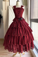 Wine Red [Forest Waltz] Embroidery Bowknot Lace-Up Slim Sweet Elegant Lolita Suspender Top - Red - 1