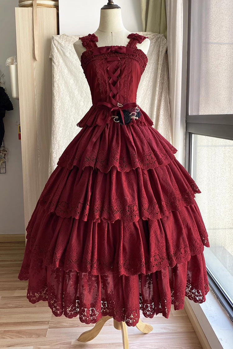 Wine Red [Forest Waltz] Embroidery Bowknot Lace-Up Slim Sweet Elegant Lolita Suspender Top - Red - 1