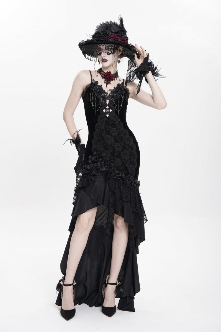 Black Sleeveless Cross Ruffled Floral Embroidered Chain-Decorated Women's Gothic Long Slip Dress - Black - 1