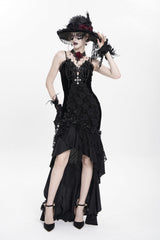Black Sleeveless Cross Ruffled Floral Embroidered Chain-Decorated Women's Gothic Long Slip Dress - Black - 1