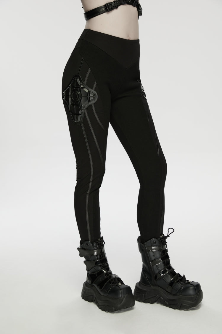 Black Slim Women's Armor-Accentuated Paneled Punk Leggings - Product - 6