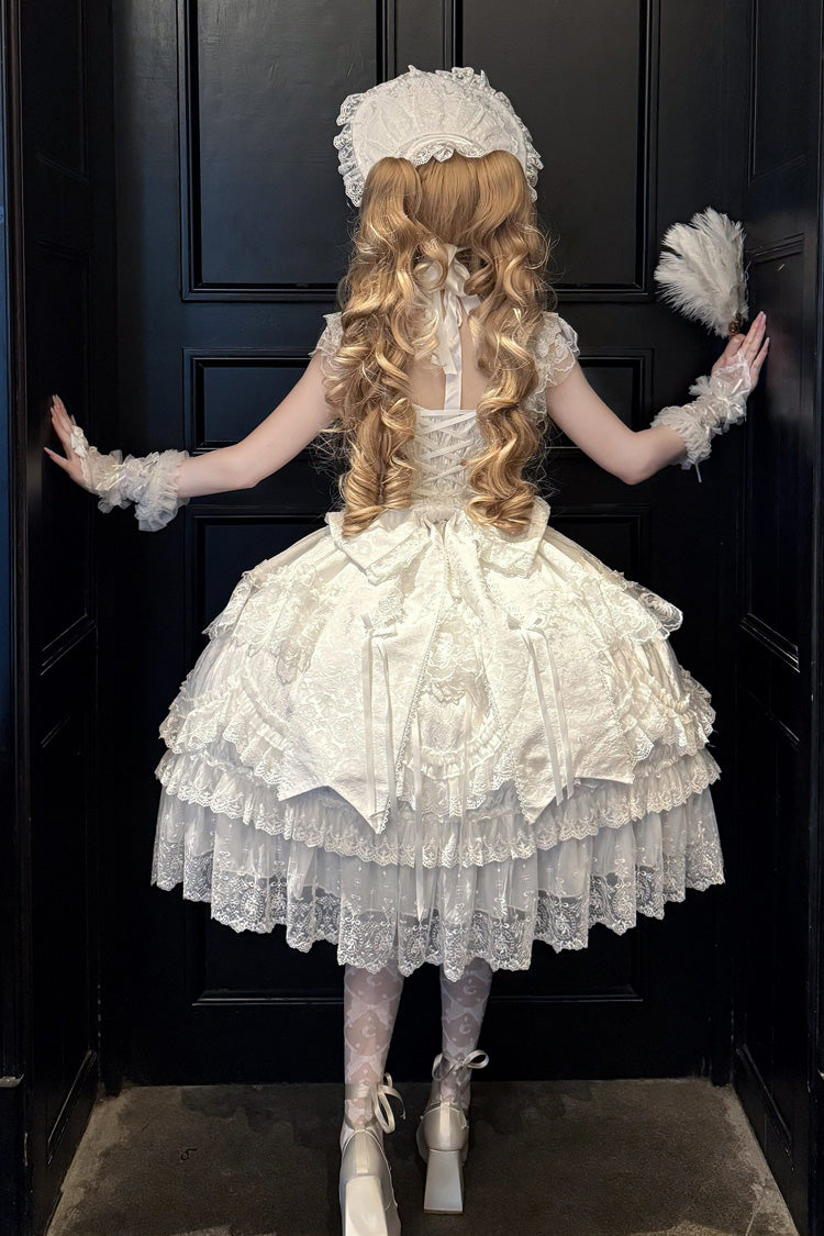 White [Eternal Floral Message] Square Collar Sleeveless Multi-Layered Hanayome Embroidered Bow Lace Sweet Lolita Jsk Dress - Product - 7