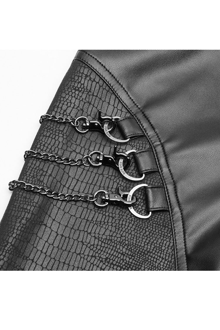 Black Crack Velvet Splice Knit PU Leather Metal Buckle Connect Chain Women's Punk Leggings - Product - 10