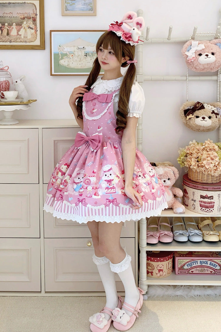 Pink [Cupid Bunny] Printed Sleeveless Bow Sweet Princess Lolita Strap Dress - Product - 4