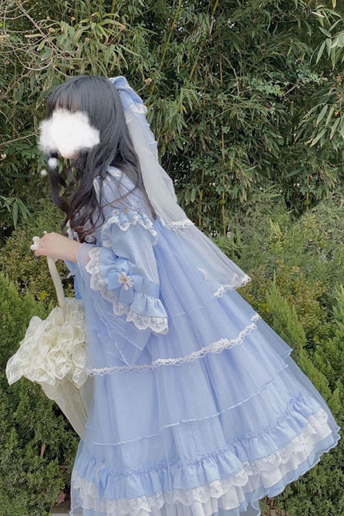 Blue Bowknot Trumpet Sleeves Multi-Layer Ruffled Sweet Lolita OP Tiered Dress - Product - 4
