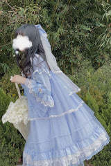 Blue Bowknot Trumpet Sleeves Multi-Layer Ruffled Sweet Lolita OP Tiered Dress - Product - 4