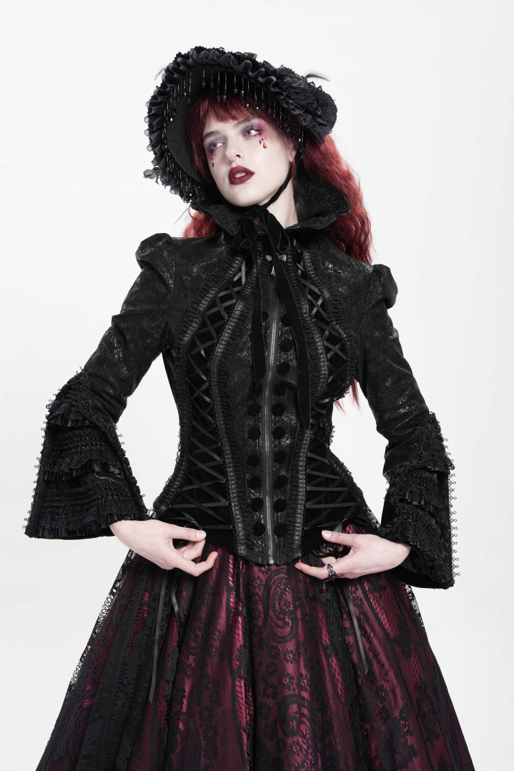 Black Lapel Collar Long Trumpet Sleeves Ruffle Lace-Up Zipper Women's Gothic Jacket - Product - 2