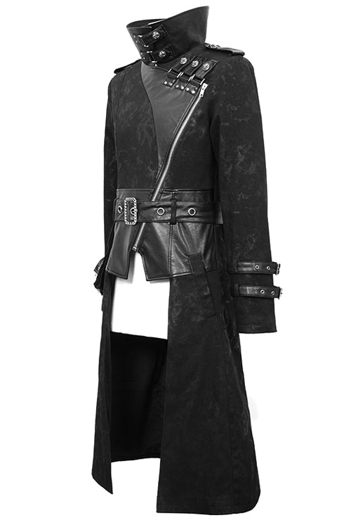 Black Open Collar Printed Belted Long Mens Punk Coat - Product - 7