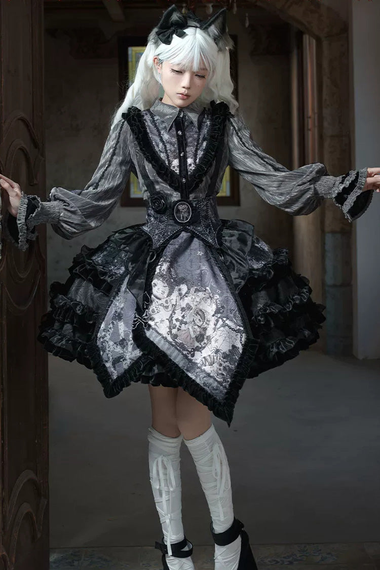 [Werewolf] Fairy Tale Lapel Collar Long Sleeves Printed Ruffled Open-Front Lace Heavy-Detailed Gothic Lolita Skirt Set (Red, Grey, Purple) - Product - 19