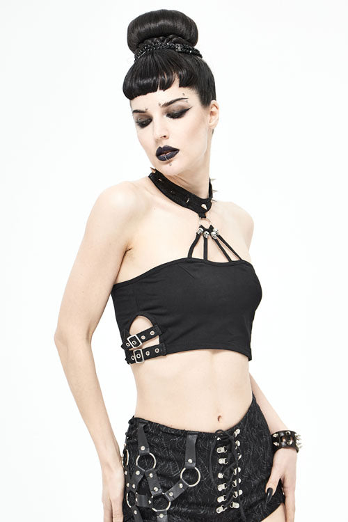 Black Sexy Strapless Cotton Mini Womens Punk T-shirt With Chocker - Product - 2