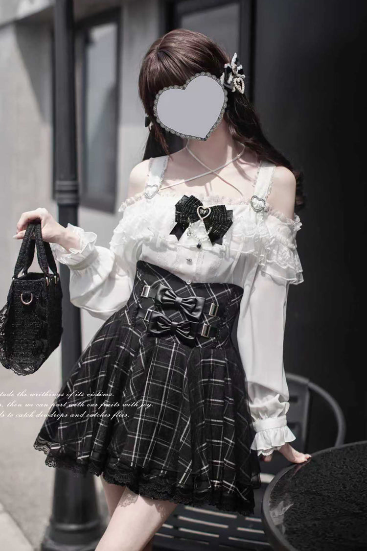 Black Plaid Print Bowknot Sweet Jirai Kei Japanese Skirt - Product - 4