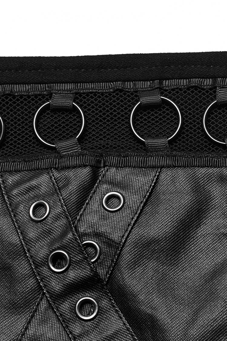 Black Faux Leather Stitching Mesh Eyelet Women's Punk Ring Shorts - Product - 6
